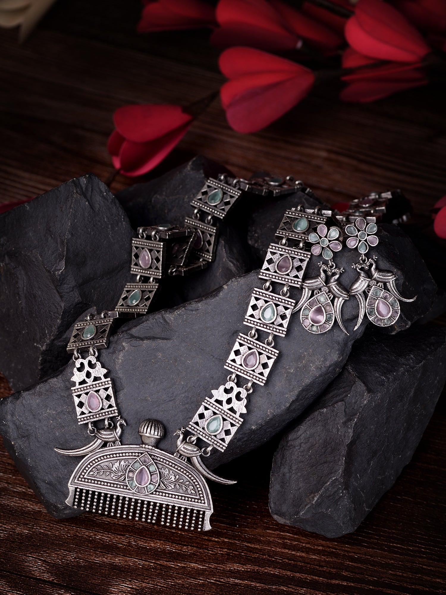 Oxidised Silver Toned Mint Pink Tribal Jewellery Set